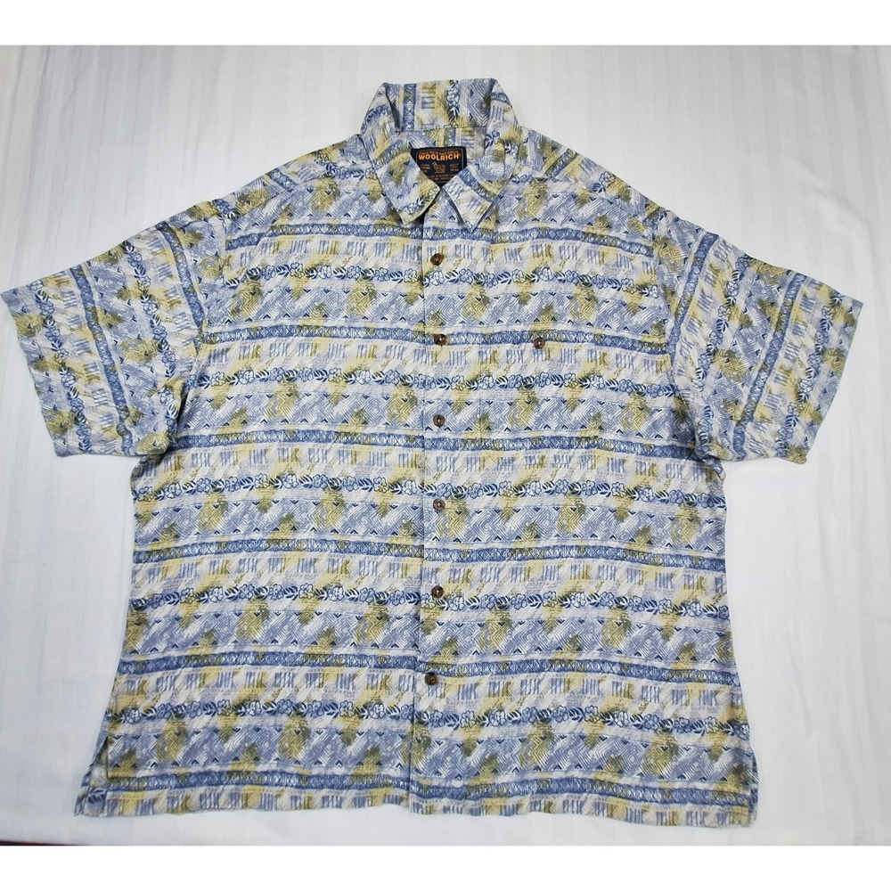 Woolrich Mens XL Blue Tan Geometric Tribal Floral Cotton Short Sleeve Shirt